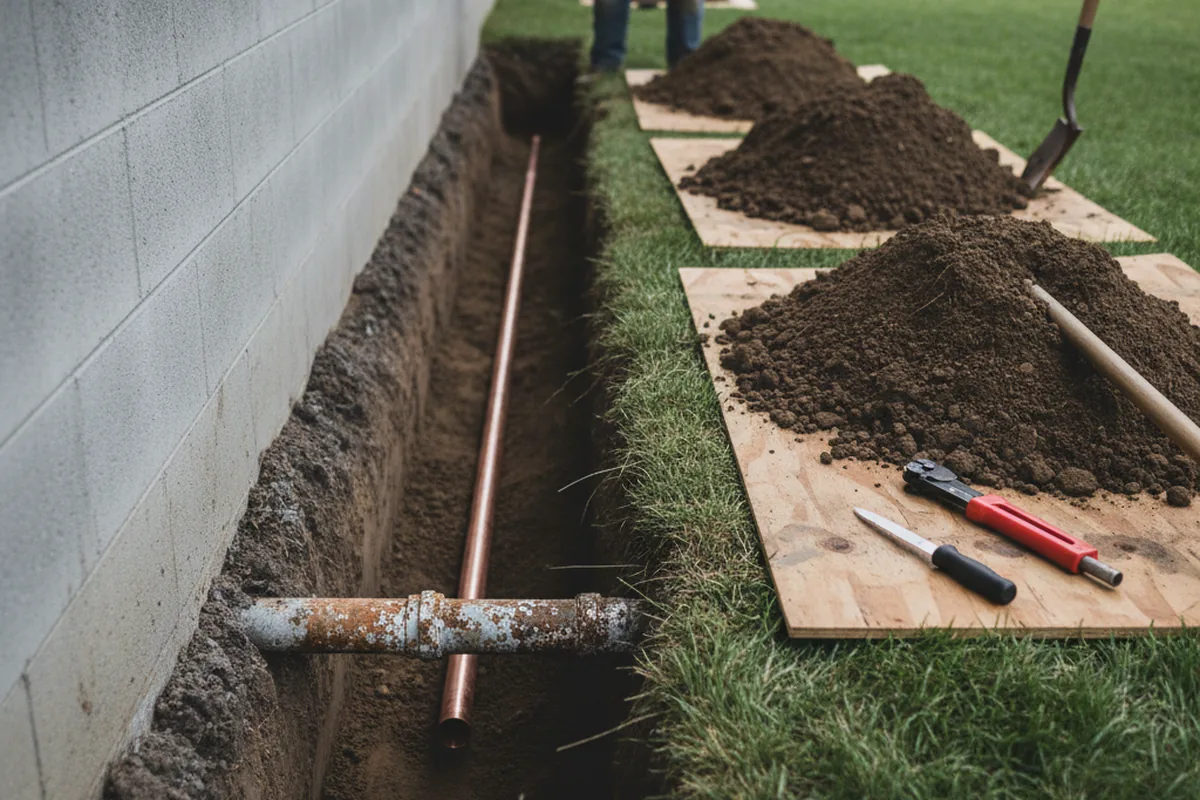 Excavated water line trench during Sewer Line Repair in Waterbury